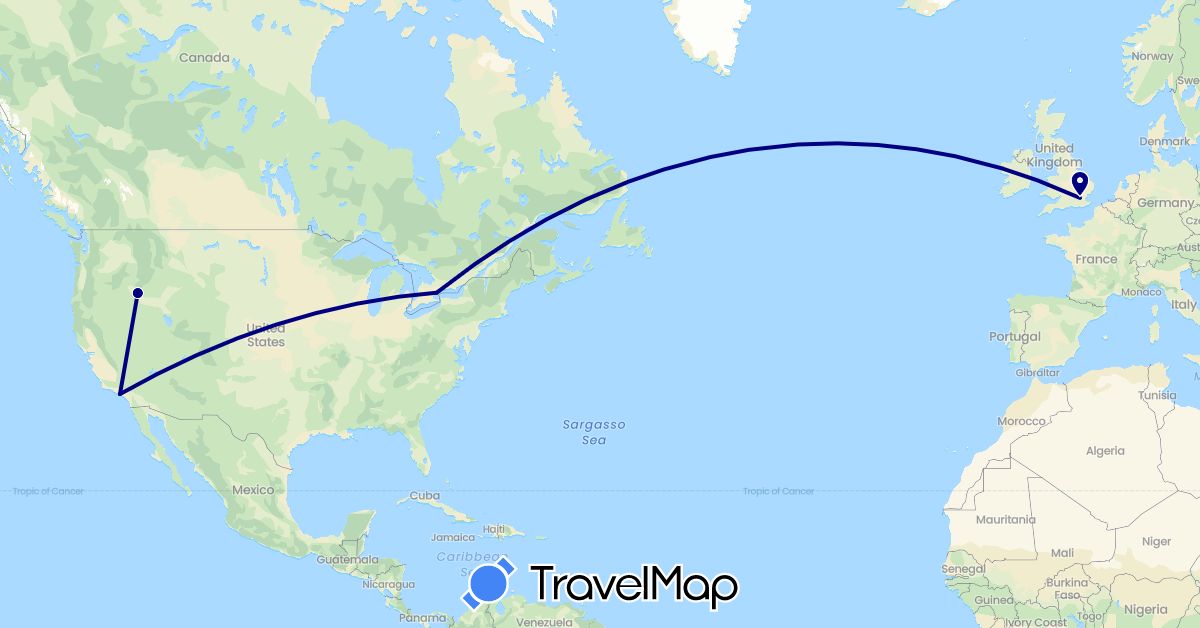 TravelMap itinerary: driving in Canada, United Kingdom, United States (Europe, North America)